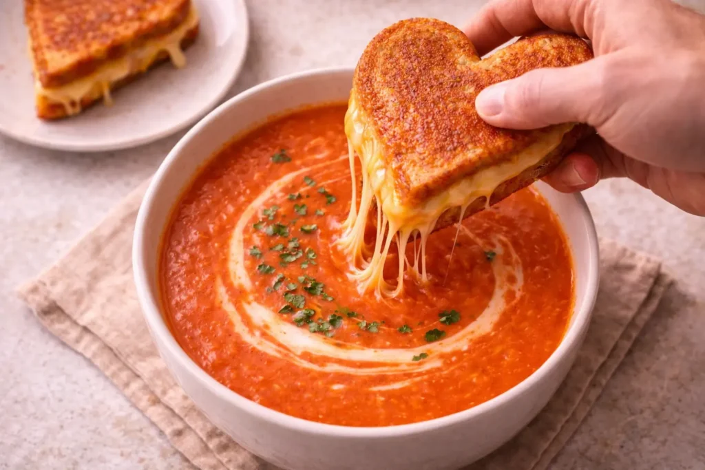 Heart-shaped grilled cheese with stretchy melted cheese being lifted from creamy tomato soup topped with herbs