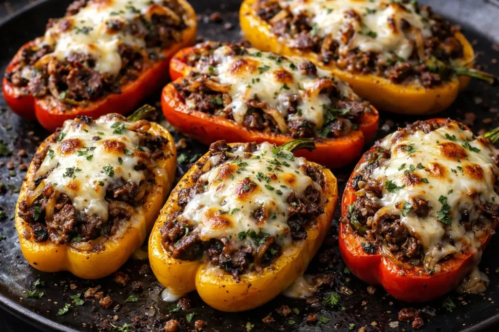 Stuffed sweet peppers topped with sliced cheese before baking on a sheet pan.