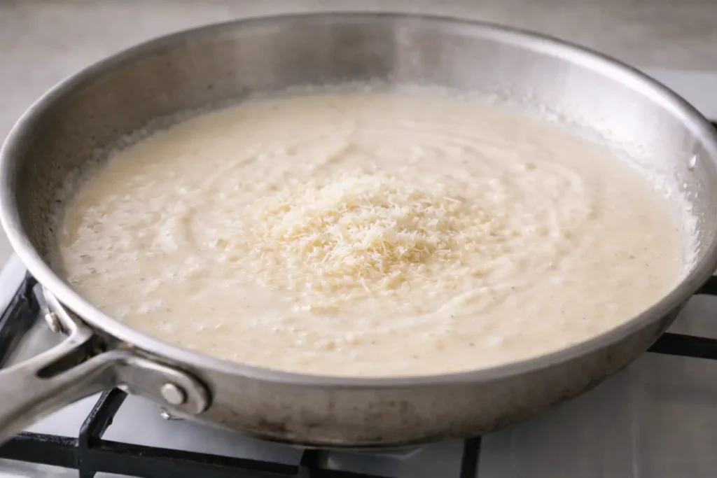 Grated parmesan melting into creamy sauce and thickening it smoothly