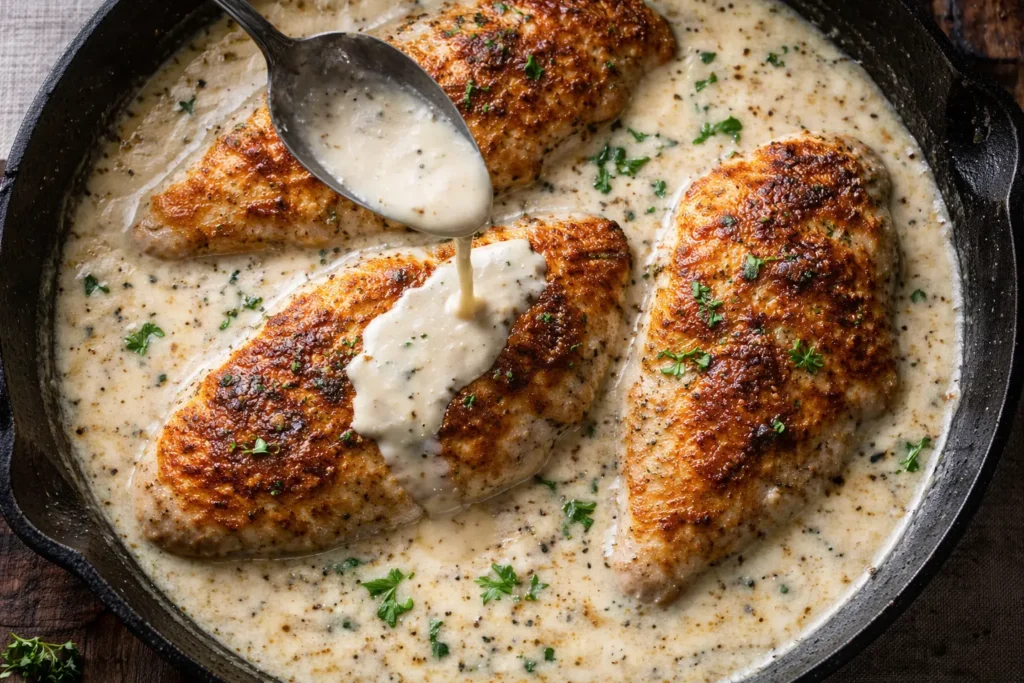 Parmesan-crusted chicken simmering in creamy garlic parmesan sauce in a skillet.