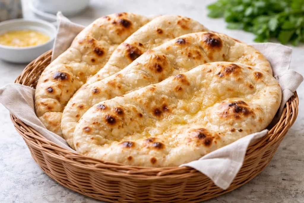 Four freshly baked butter naan breads stacked in a woven basket lined with cloth.
