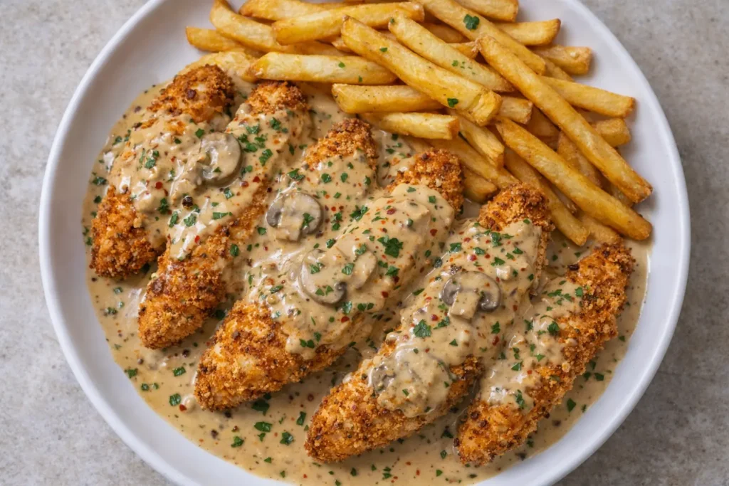 Air fryer crispy chicken with creamy mushroom sauce and French fries plated from above.