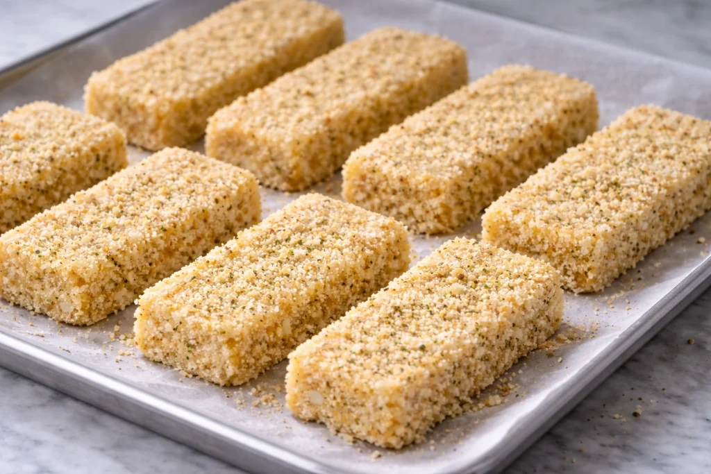 Breaded brick-shaped mozzarella sticks arranged on a tray ready to fry.