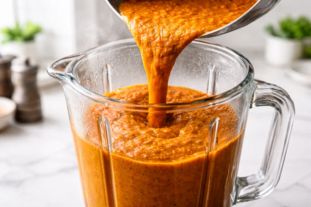 Creamy orange butter chicken sauce being poured into a glass blender jar in a white kitchen.