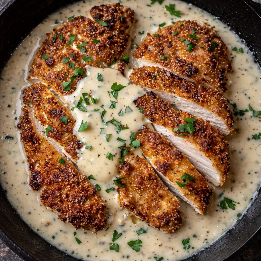 Garlic parmesan chicken sliced and served in a skillet with creamy sauce.
