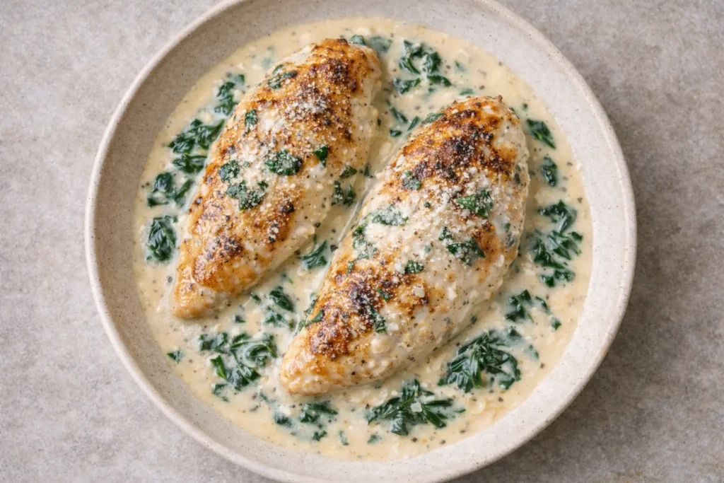 Top view of creamy Tuscan chicken with spinach and parmesan on a ceramic plate