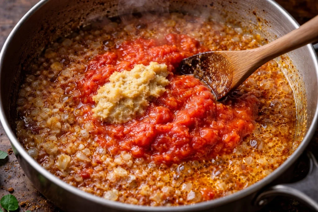 Tomatoes and ginger garlic paste cooking with sautéed onions in a stainless steel pan.