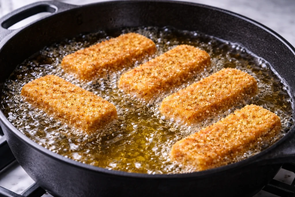 Brick-shaped breaded mozzarella sticks frying in hot oil inside a deep pan with bubbling oil.
