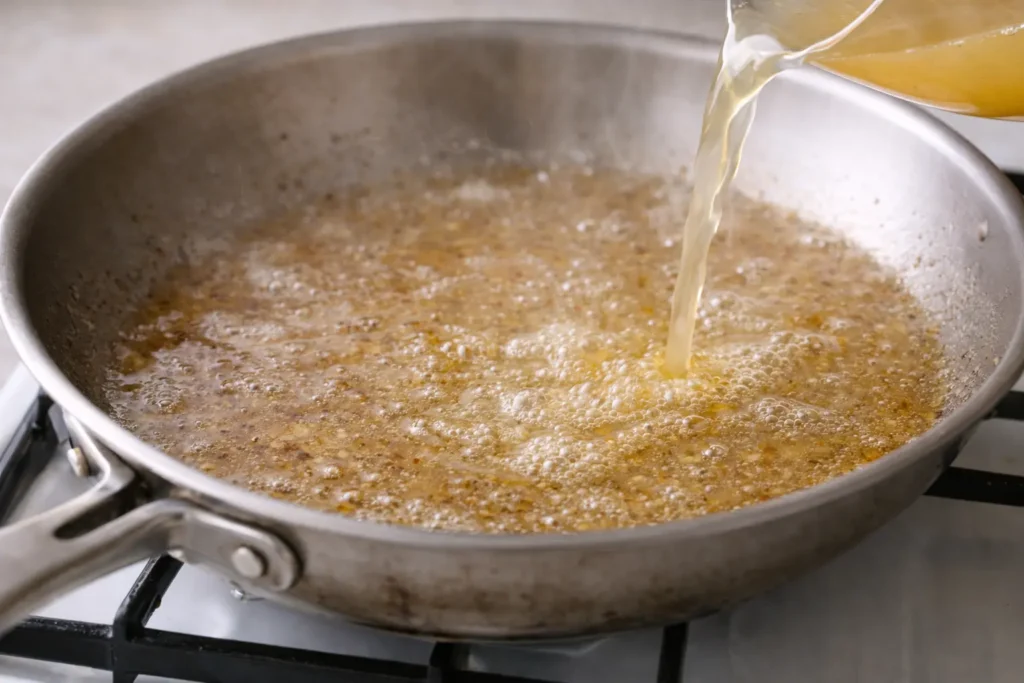 Chicken broth being added to a skillet to deglaze and loosen browned bits