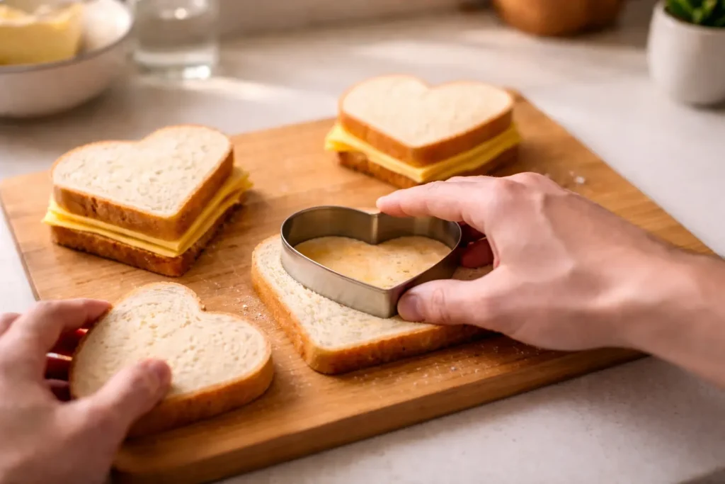 Hands cutting heart shapes from buttered bread and cheese slices using a heart-shaped cutter on a wooden board
