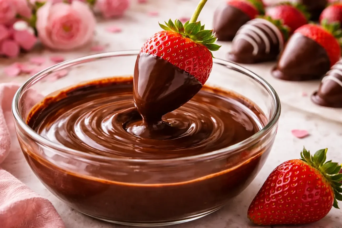 Close-up of a fresh strawberry being dipped into glossy dark chocolate in a clear glass bowl, with other dipped strawberries in the background on a white table and soft pink Valentine-themed accents.