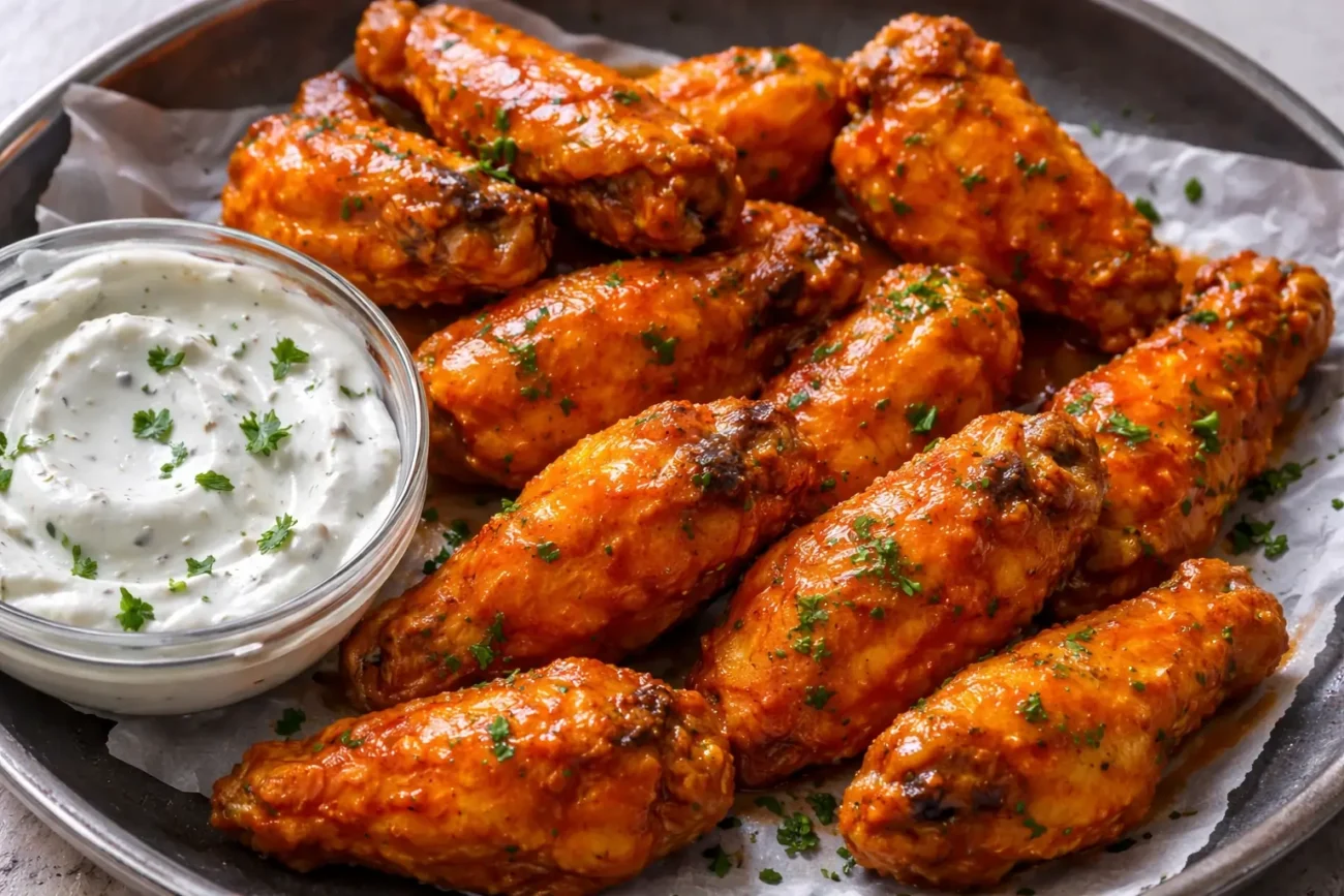 Buffalo chicken wings with spicy sauce served with creamy ranch dip close-up