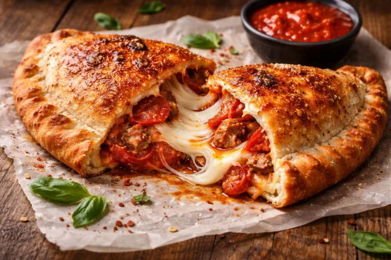 Sliced golden-brown calzone with melted mozzarella, pepperoni, and sausage on a clean white tray in a bright kitchen.