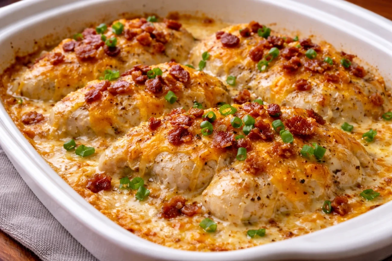 Cheesy chicken bake with melted cheese, creamy sauce, and crispy bacon in baking dish close-up