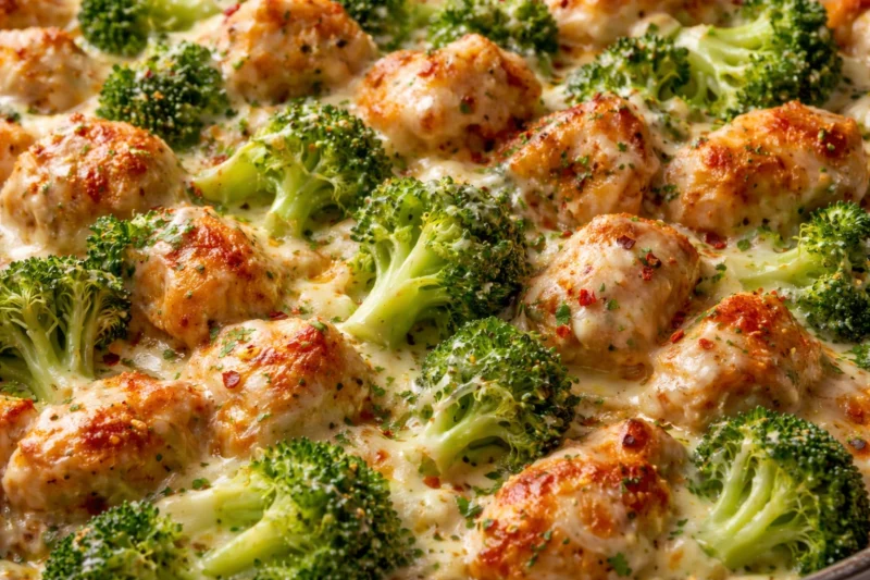 Cheesy broccoli chicken skillet with golden chicken pieces in creamy melted cheese sauce.