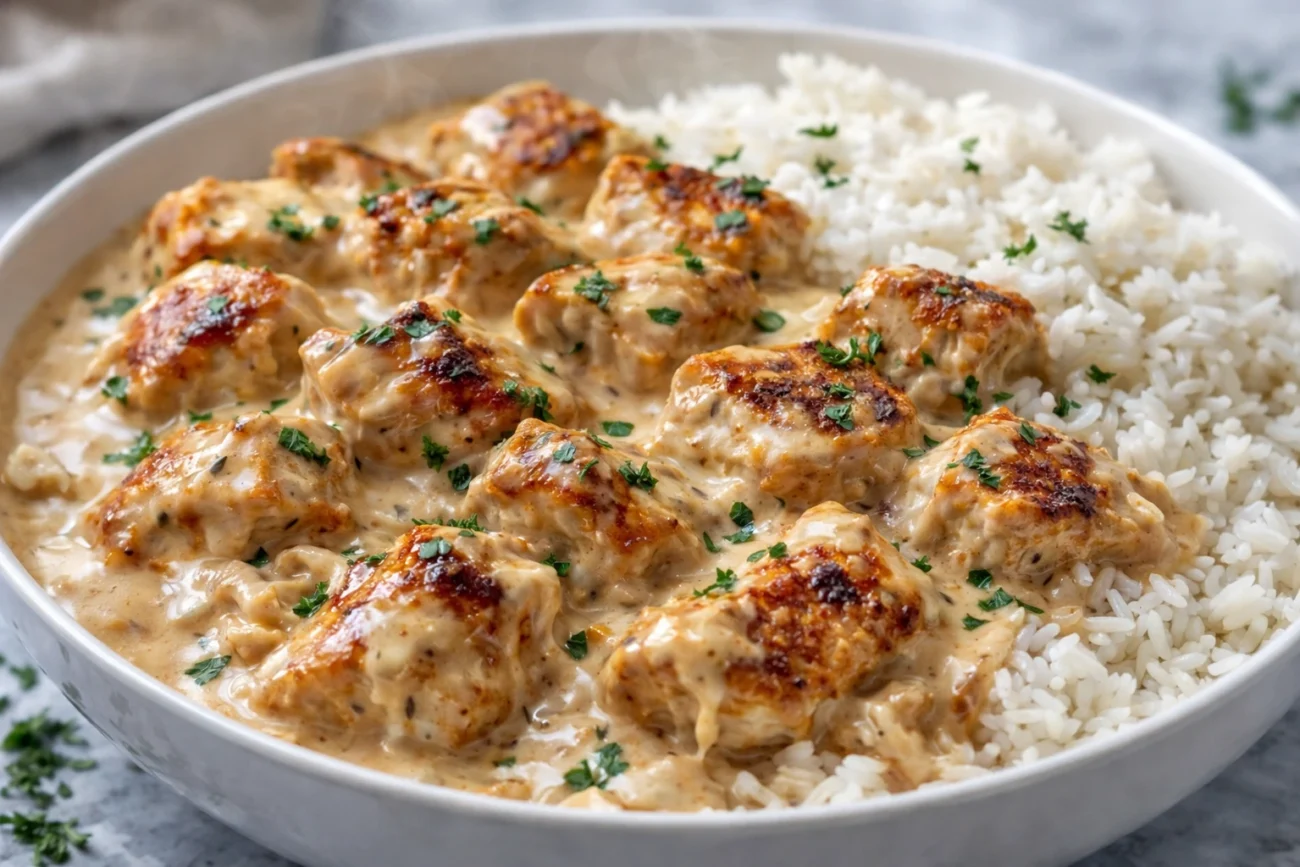 Creamy smothered chicken and rice with golden chicken pieces in rich garlic sauce.