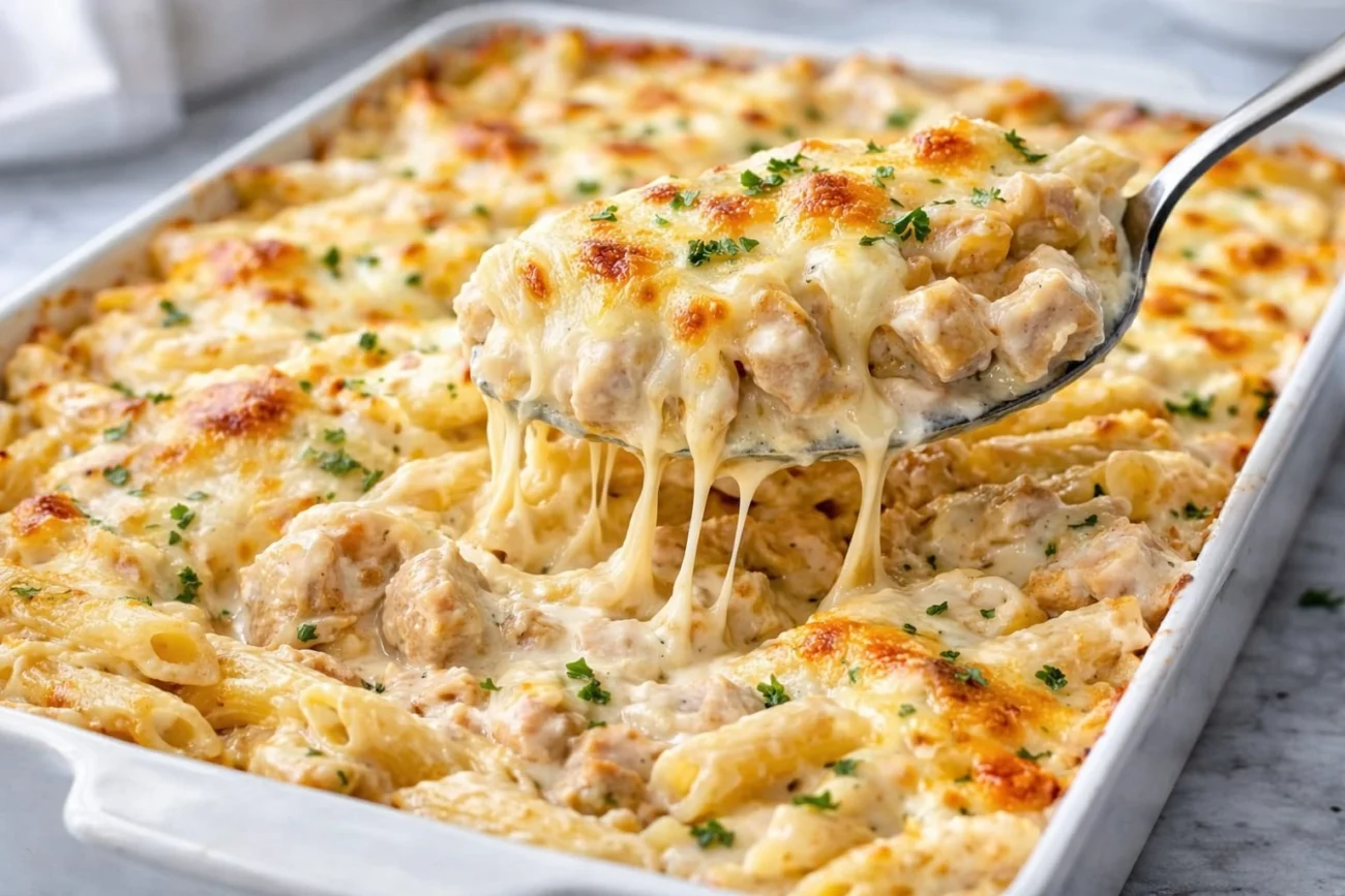 Close-up of cheesy chicken alfredo pasta bake with melted mozzarella and visible chicken pieces.