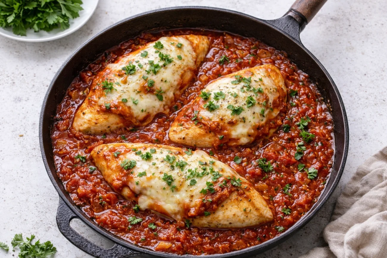 Cheesy tomato chicken skillet with melted mozzarella on chicken breasts in cast iron pan.