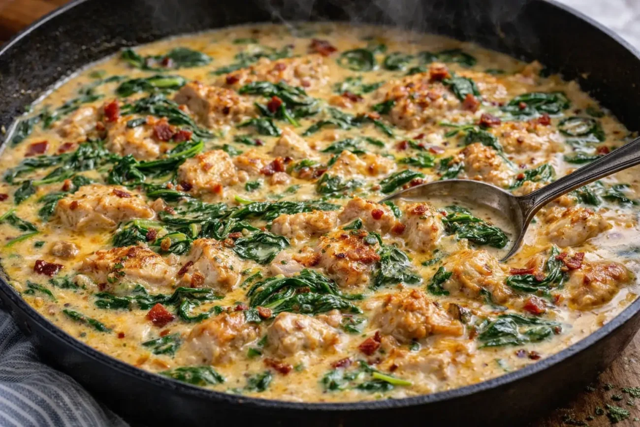 Close-up creamy chicken and spinach in a black skillet with garlic parmesan sauce and crispy bacon bits.
