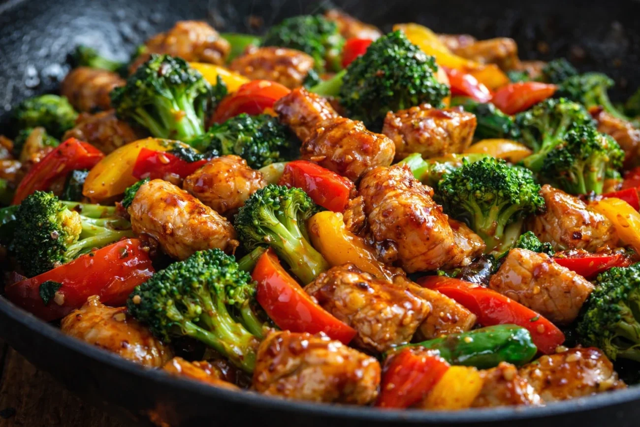 Close-up chicken stir fry with broccoli and bell peppers in glossy soy garlic sauce.