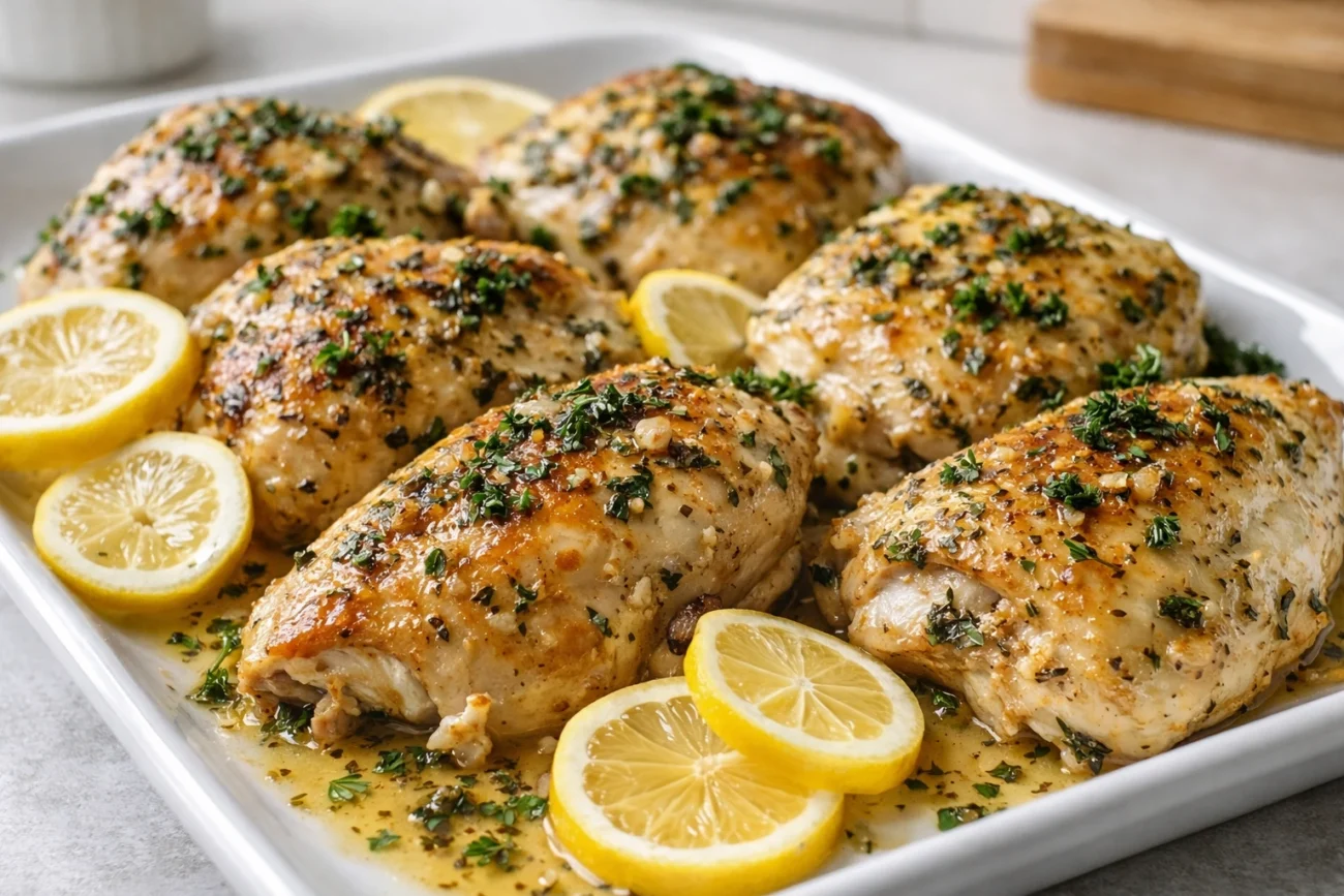 Golden-brown lemon herb roasted chicken with garlic, herbs, and fresh lemon slices on a baking tray.