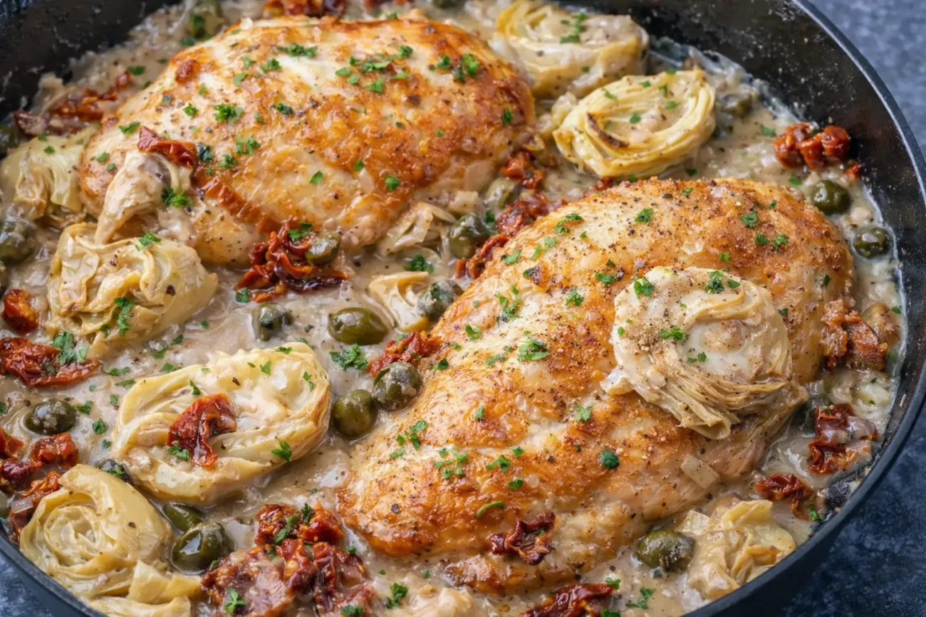 Creamy Mediterranean chicken with artichokes, sun-dried tomatoes, and capers in a skillet close-up