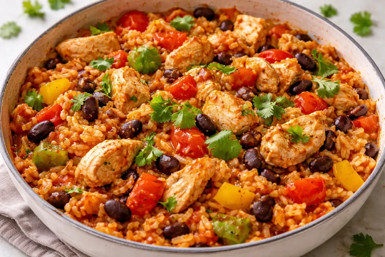 Mexican chicken and rice with black beans, bell peppers, tomatoes, and cilantro in skillet close up