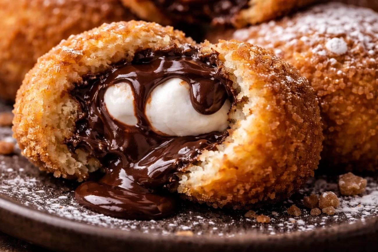 Close-up of a fried chocolate s’mores bomb cut open with melted chocolate and marshmallow center.