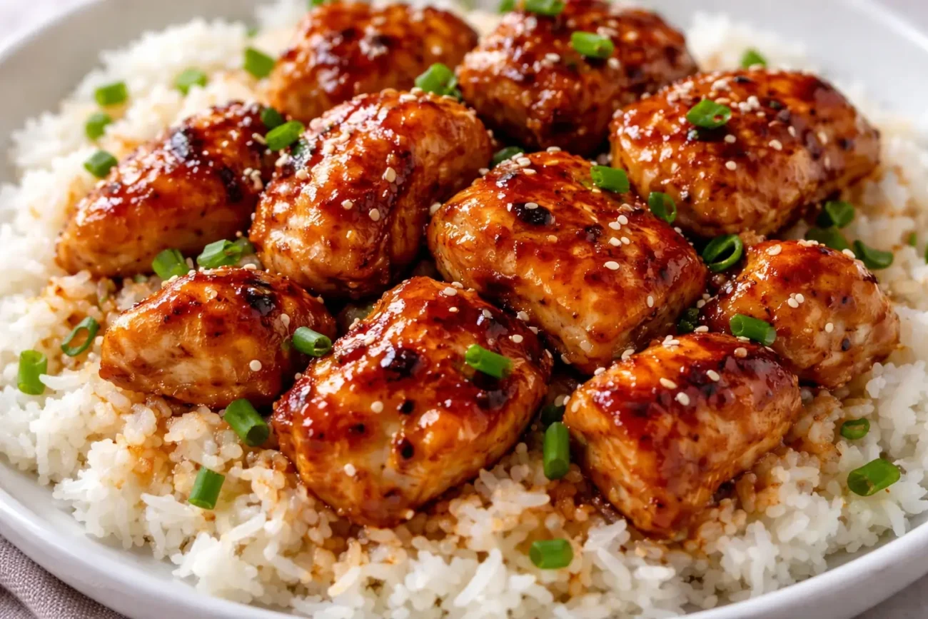 Spicy glazed chicken pieces served over white rice with sesame seeds and green onions close-up