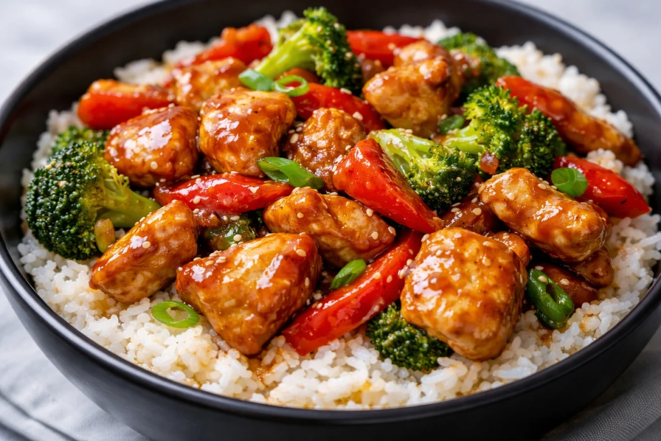 Teriyaki chicken stir fry bowl with rice, broccoli, and bell peppers close-up