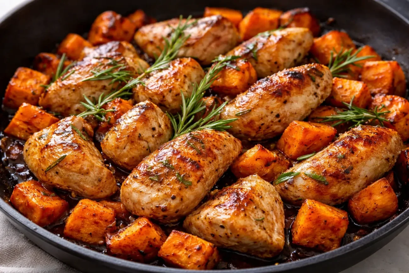 Chicken and sweet potato skillet with rosemary and caramelized glaze close-up