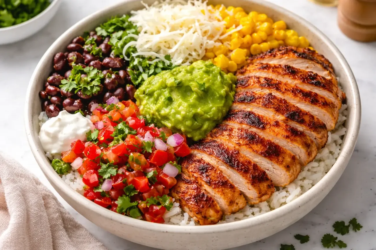 Chipotle chicken bowl with rice, grilled chicken, guacamole, beans, corn and fresh salsa close-up