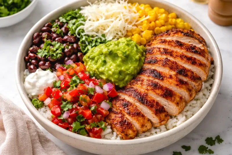Chipotle chicken bowl with rice, grilled chicken, guacamole, beans, corn and fresh salsa close-up