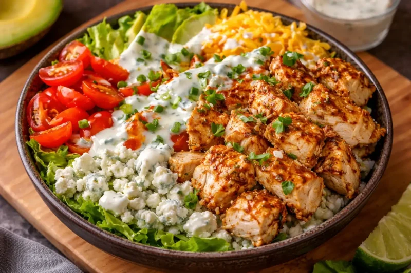 Garlic chicken bowl with grilled chicken, rice, lettuce, tomatoes, cheese and creamy dressing close-up