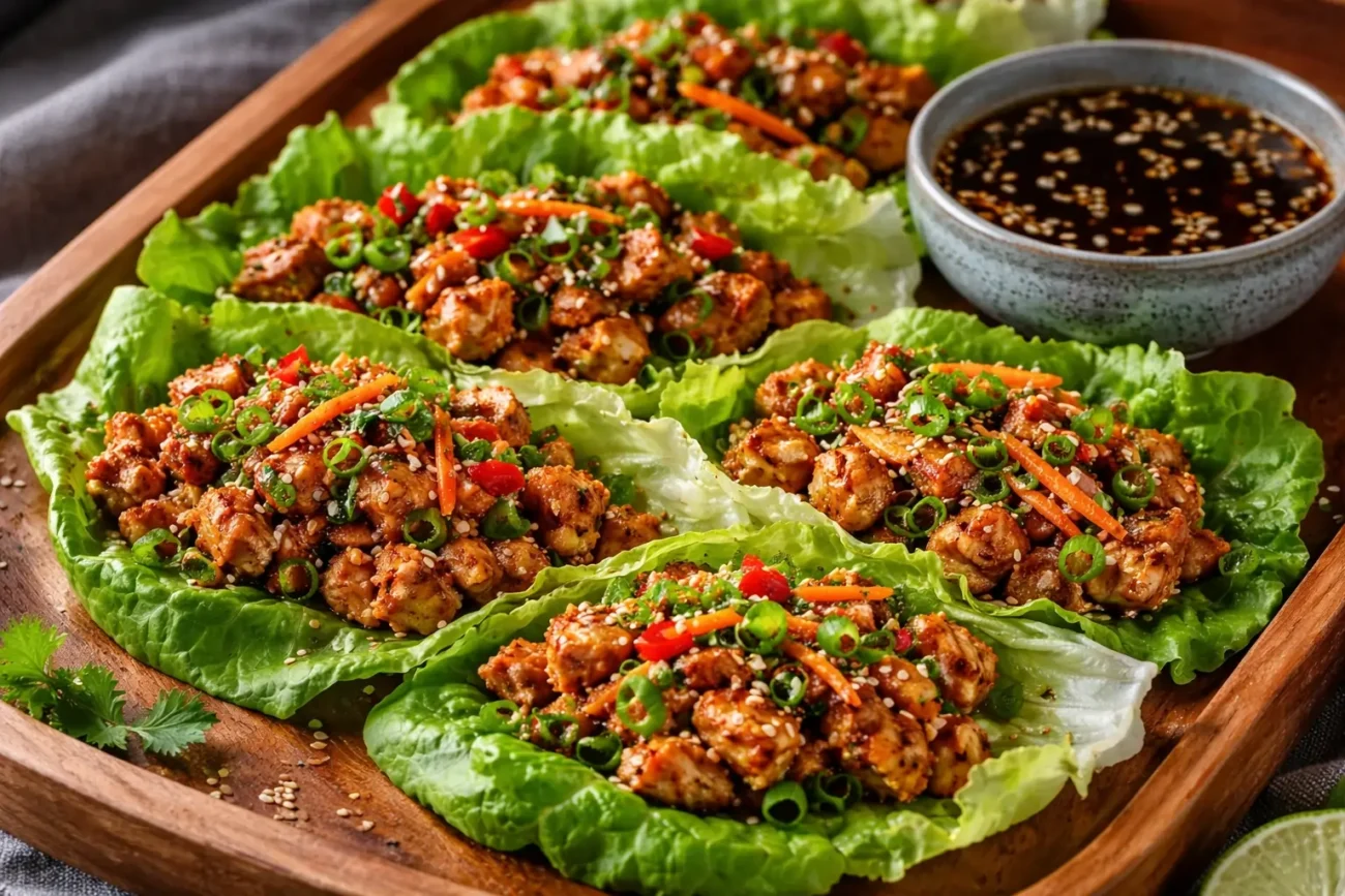 Spicy chicken lettuce wraps with glazed chicken, fresh herbs, sesame seeds and dipping sauce close-up
