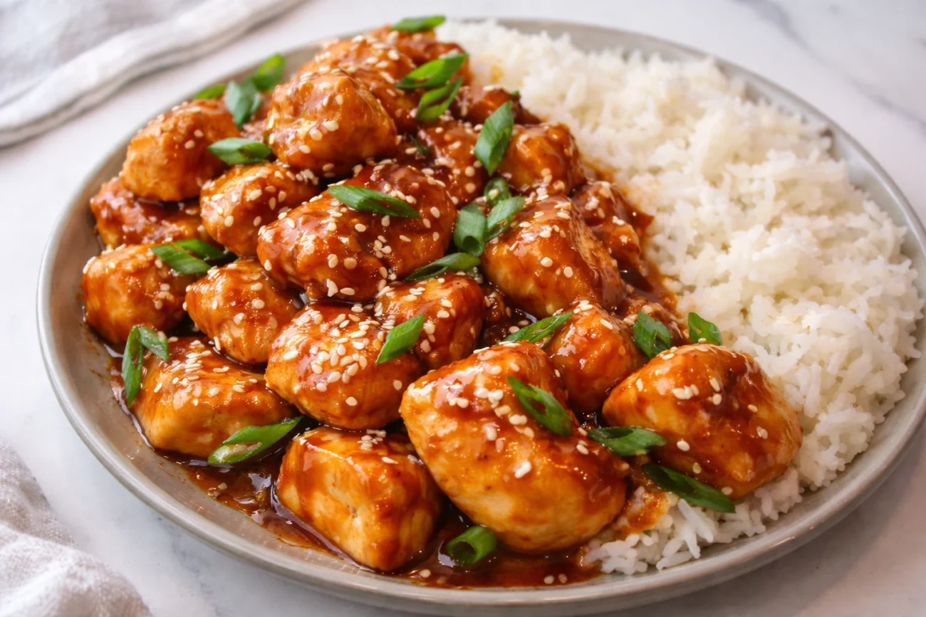 Honey soy chicken with sesame seeds and green onions served over white rice close-up