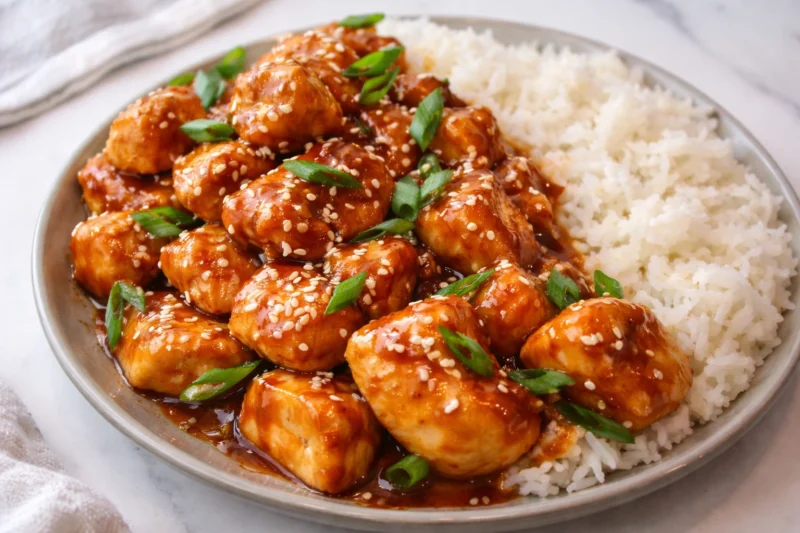 Honey soy chicken with sesame seeds and green onions served over white rice close-up