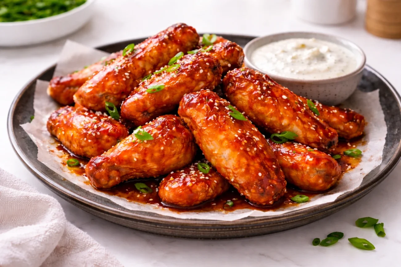 A platter of crispy chicken wings coated in a glossy reddish-brown honey sriracha glaze, topped with sesame seeds and sliced green onions, served with a side of white creamy dipping sauce.