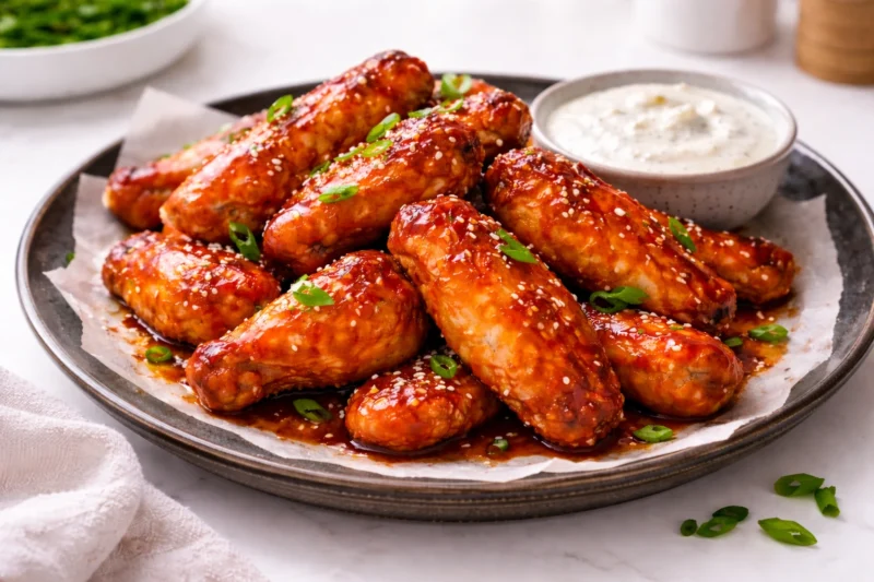 A platter of crispy chicken wings coated in a glossy reddish-brown honey sriracha glaze, topped with sesame seeds and sliced green onions, served with a side of white creamy dipping sauce.